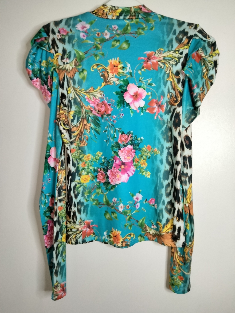Gabby Grace (Size M) Turquoise Floral & Leopard Print Stretch Long Sleeve Blouse - Picture 6 of 8